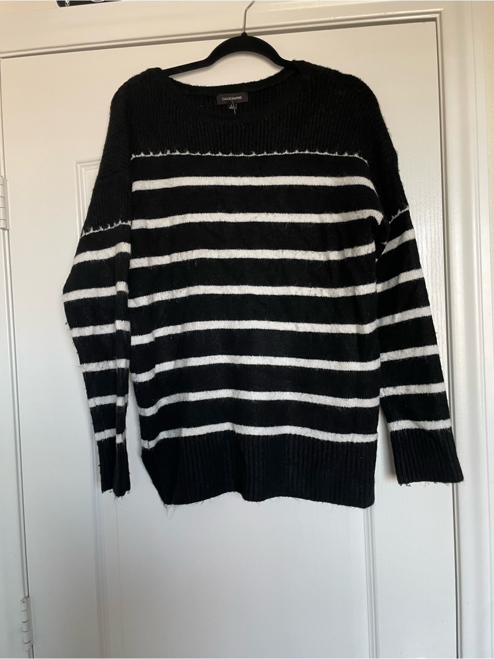 Calligraphie Black & White Striped Crewneck Sweater